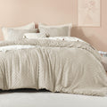 Litanika Oatmeal Queen Comforter Set 3 Pieces Tufted Boho Farmhouse Bedding Comforter Sets Lightweight Fluffy Comforter Bed Set for All Season (90x90In Comforter and 2 Pillowcases)