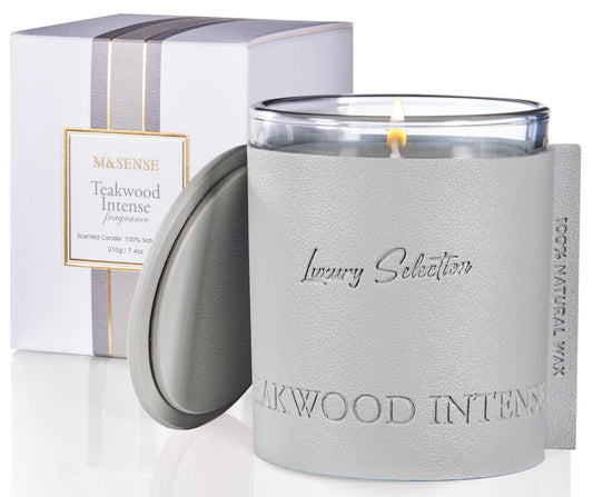 M&SENSE Soy Candle Teakwood Scented 7.4oz 40 Hours Long Lasting Natural Aromatic Candle Leather Wrapped Luxury Candle Gifts for Men & Women Relaxing Aromatherapy Candle for Stress Relief