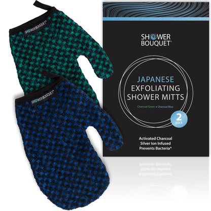Japanese Exfoliating Mitt 2-Pack - Charcoal & Silver Ion Exfoliating Gloves for Shower - Soft Inner Fabric Gentle Exfoliation & Deep Cleansing Body Scrub Gloves for All Skin Types - 1 Blue 1 Green