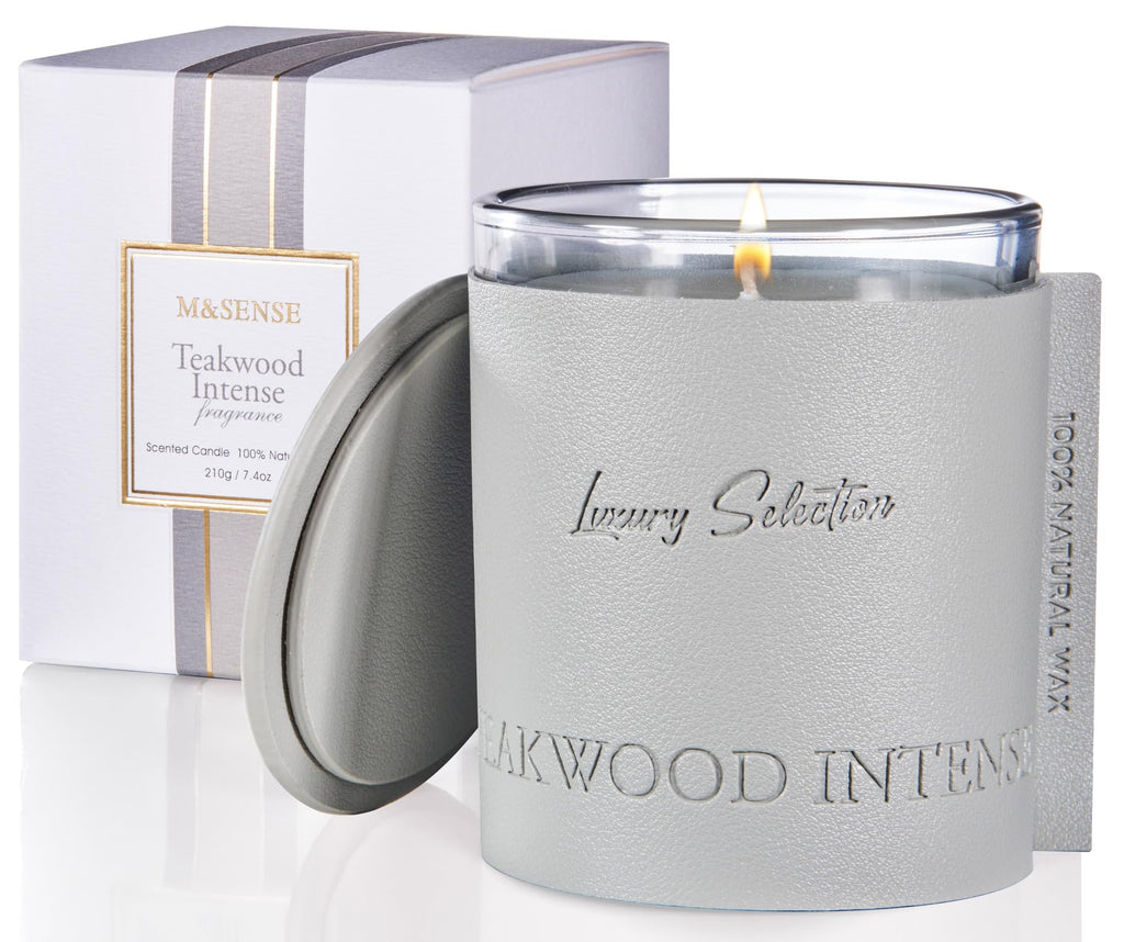 M&SENSE Soy Candle Teakwood Scented 7.4oz 40 Hours Long Lasting Natural Aromatic Candle Leather Wrapped Luxury Candle Gifts for Men & Women Relaxing Aromatherapy Candle for Stress Relief