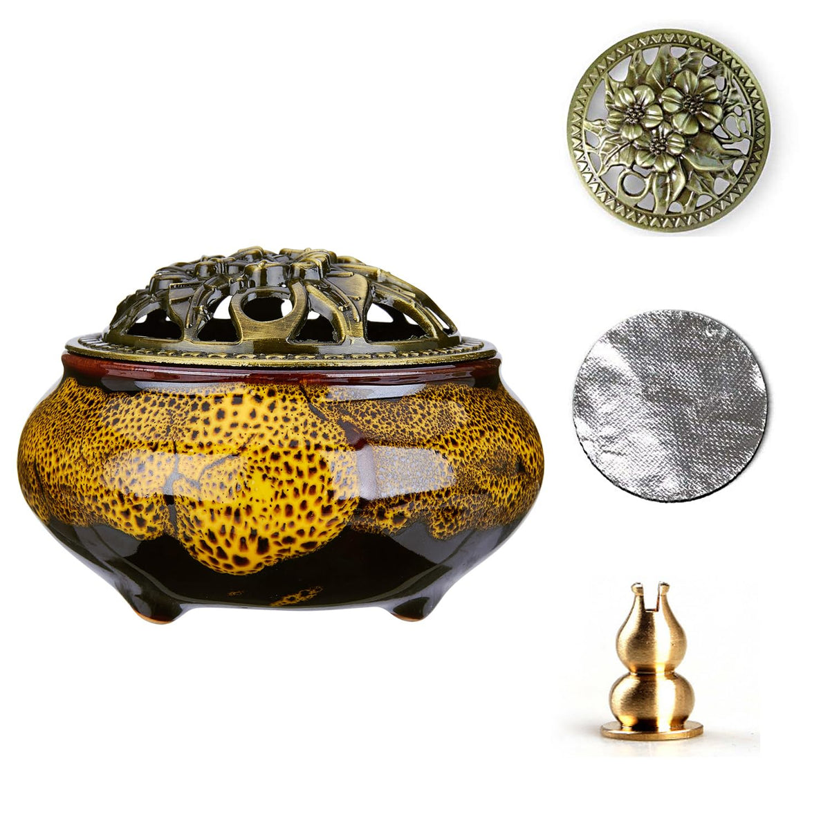 MISTHO Ceramic Incense Burner with Copper Lid with Metal Incense Holder for Sandalwood Incense Palo Santo Sage Cone and Frankincense(Deep Yellow)